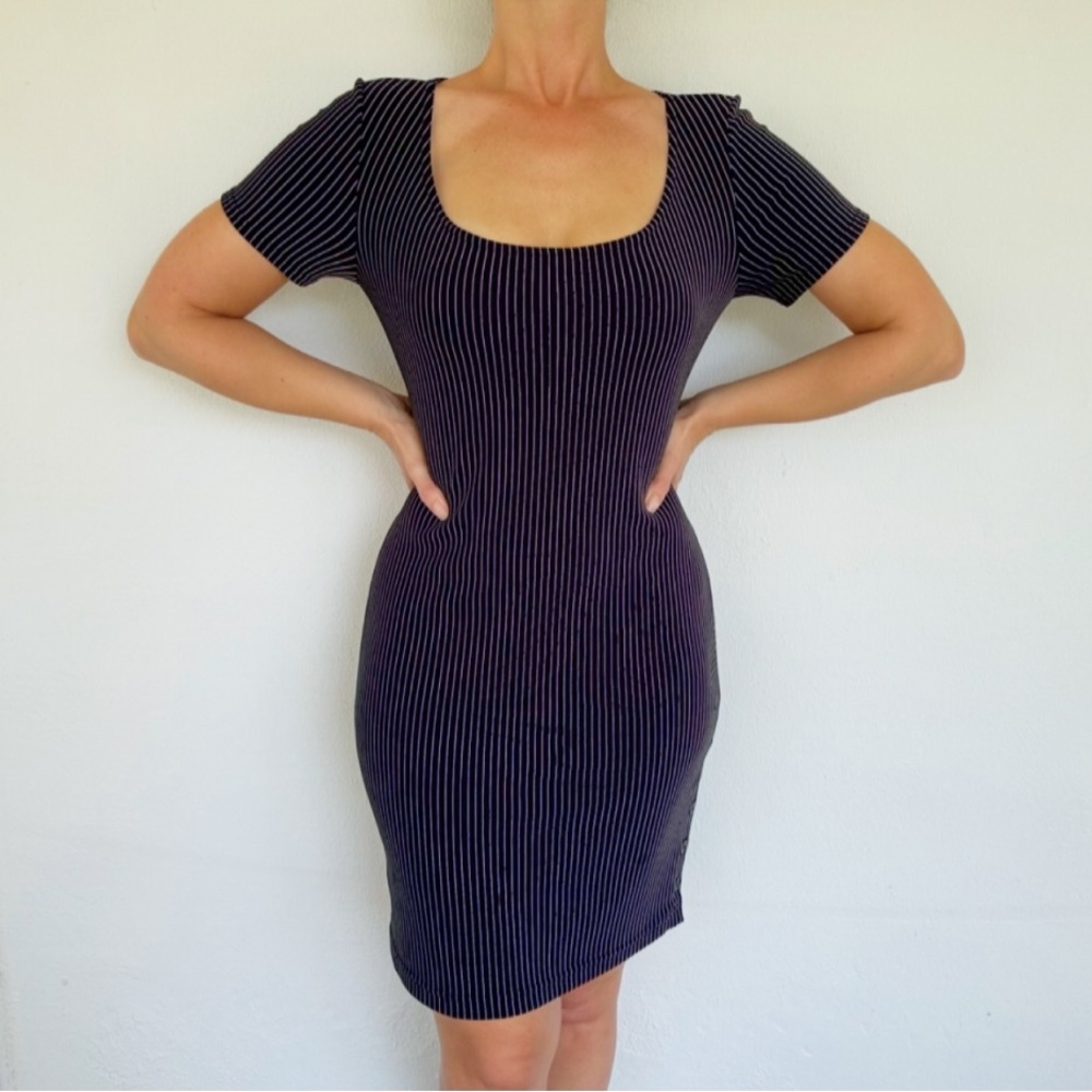 Vintage abs dress collection navy blue stripe stretch scoop neck dress small